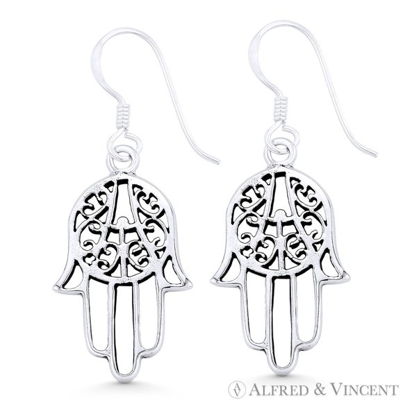 Hamsa Hand Evil Eye Luck Charm Dangling Earrings in Oxidized 925 Sterling Silver - Picture 1 of 1